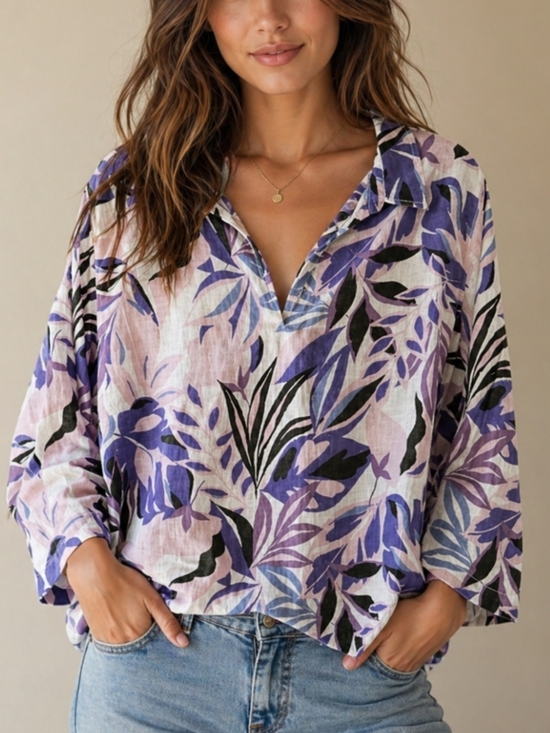 C&C California Tops - NWT C&C California 100% LINEN Purple on White Leaf Print Tunic Top Plus Size 2X